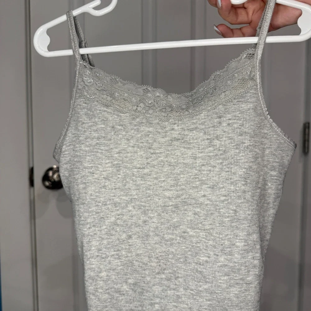 Justice Girls Heather Gray Ribbed Lace Trim Camisole Tank Top‎ Size 8